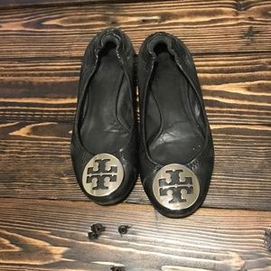 Tory Burch Reva Metallic Black Leather Ballet Flat